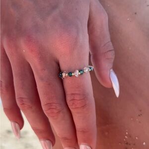 Teal & Crystal Ring | Handmade Gold Accent Stretch